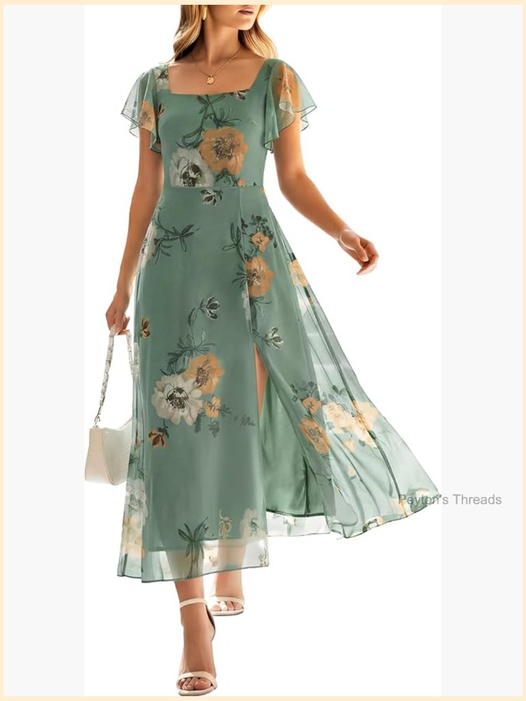 Women Square Neck Floral Tulle Ruffle Sleeve High Slit Midi Dress